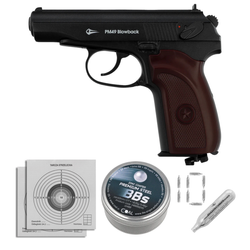 Zestaw wiatrówkowy 41: pistolet wiatrówka Borner Makarov PM49 Blow Back 4.5 mm, 1500 BBs, 10 kapsuł CO₂, 100 tarcz