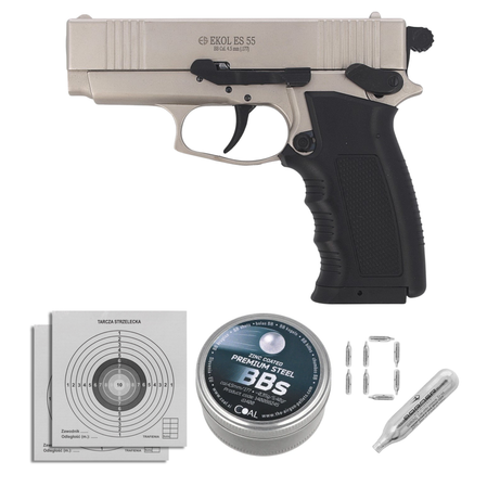 Zestaw pistolet wiatrówka Voltran Ekol ES 55 Satin 4.5 mm, 1400 BBs, 10 kapsuł, tarcze