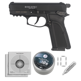 Zestaw wiatrówkowy 16: pistolet Voltran Ekol ES P66C Black 4.5 mm, 1400 BBs, 10 kapsuł CO₂, 100 tarcz
