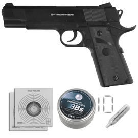 Zestaw wiatrówkowy 43: Pistolet Borner Predator Elite Blow Back 4.5 mm, 1400 BBs, 10 kapsuł CO₂, 100 tarcz