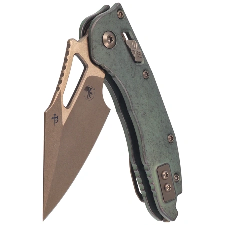 Microtech M-Stitch Ram-Lok S/E Marfione Select Knife Slab Side Antique Green Titanium, Bronze HW, Stonewashed M390MK by Borka Blades and Tony Marfione (169MRL-13MS1)