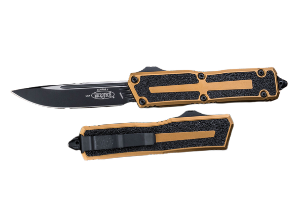 Microtech Scarab II Gen III S/E OTF Knife Tan Aluminium, Black M390MK by Tony Marfione (1278-1TA)