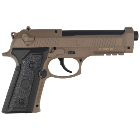 Zestaw wiatrówkowy 63: Pistolet Niksan Defence NKS CP92 Tan 4.5 mm, 1400 BBs, 10 kapsuł CO₂, 100 tarcz