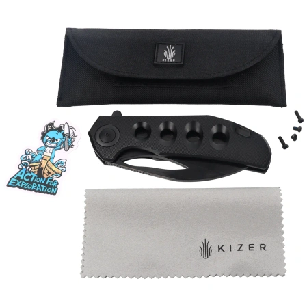 Kizer Hawk Knife Black Titanium, Polished Black DLC M390 by Carlos Elstner (Ki4683A1)