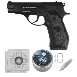 Zestaw wiatrówkowy 46: Pistolet Borner M84/2 4.5 mm, 1400 BBs, 10 kapsuł CO₂, 100 tarcz
