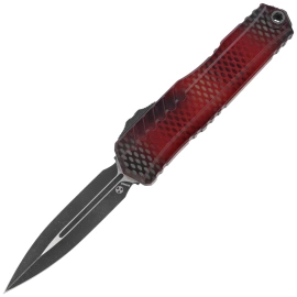 Microtech Cypher II D/E Signature OTF Knife Red X-51 Aluminum, Distressed Black M390MK by Deryk Munroe and Tony Marfione (1242-1RDX51S)