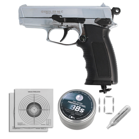 Zestaw wiatrówkowy 08: pistolet Voltran Ekol ES 66C Shiny 4.5 mm, 1400 BBs, 10 kapsuł CO₂, 100 tarcz