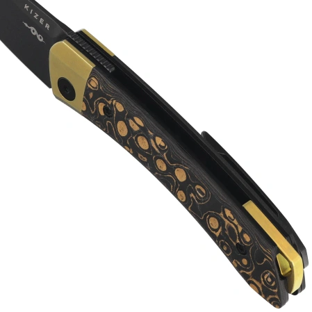 Kizer Mini MoMo Kamo Gold Titanium / Camo Gold Fat Carbon, Polished DLC S90V by Vladimir Legachev (Ki3663A3)