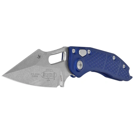 Nóż automatyczny Microtech Stitch-A S/E Navy Blue Aluminium, Stonewashed M390MK by Borka Blades and Tony Marfione (169-10NA)