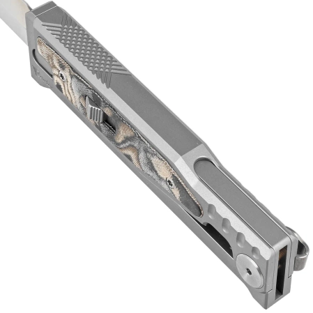 Nóż grawitacyjny Reate EXO-M OTF Gravity D/E Bead Blasted Titanium/Burl Linen Micarta, Satin Elmax