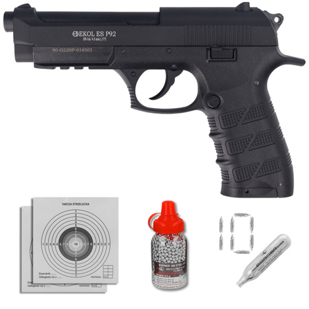 Zestaw wiatrówkowy 23: pistolet Voltran Ekol ES P92 Matte Black 4.5 mm, 1500 BBs, 10 kapsuł CO₂, 100 tarcz
