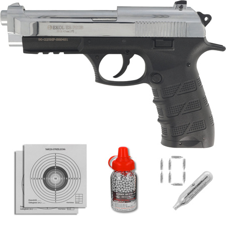 Zestaw wiatrówkowy 26: pistolet Voltran Ekol ES P92B Blow Back Shiny 4.5 mm, 1500 BBs, 10 kapsuł CO₂, 100 tarcz