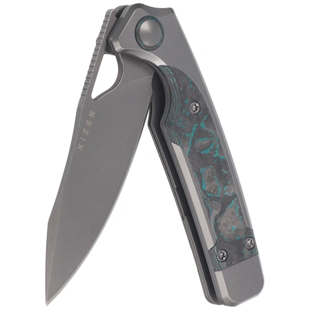 Kizer Ara Knife Gray Titanium / Brittany Blue Camo Carbon, Gray Stonewashed S45VN Jonathan Styles & Paul Munko (Ki3729A2)