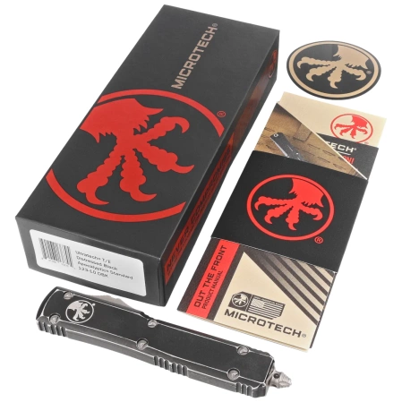 Microtech Ultratech T/E OTF Knife Distressed Black Aluminum, Apocalyptic M390 by Tony Marfione (123-10DBK)