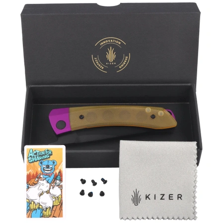 Kizer Mini MoMo Knife Purple Aluminum / Yellow PEI, Black PVD Nitro-V by Vladimir Legachev (V3663A1)