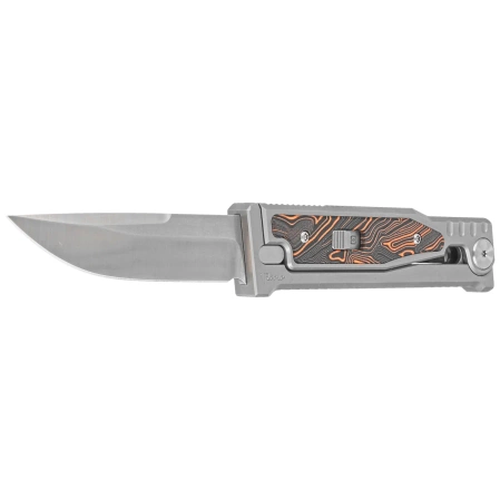 Reate EXO-M Gravity Drop Point Knife Bead Blasted Titanium/Damascus Orange-Black G10, Satin Elmax
