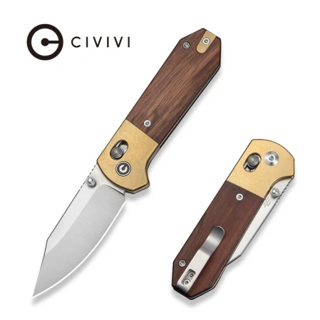 Civivi Yonder Clip Point Knife Brass Bolsters/Guibourtia Wood, Satin 14C28N by Zac Whitmore (C25026-1)