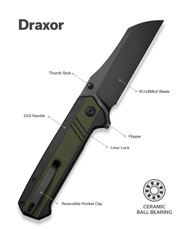Sencut Draxor Green/Black G10 Knife, Black 9Cr18MoV (S24035-2)