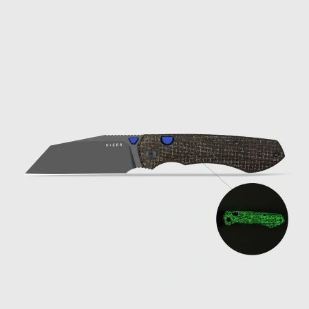 Kizer Wharning Knife Brown-Green GID Canvas Micarta, Gray PVD Stonewashed N690 by Johan Jordaan (V3738BW3)