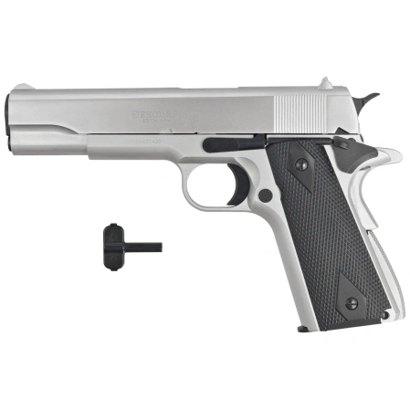 Zestaw pistolet wiatrówka Voltran Ekol ES 1911 Satin 4.5 mm - Blow Back, 1400 BBs, 10 kapsuł, tarcze