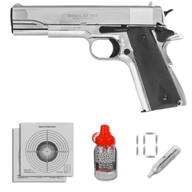 Zestaw pistolet wiatrówka Voltran Ekol ES 1911 Shiny 4.5 mm - Blow Back, 1500 BBs, 10 kapsuł, tarcze