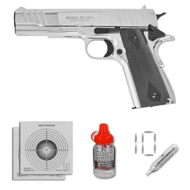 Zestaw pistolet wiatrówka Voltran Ekol ES 1911 v2 Shiny 4.5 mm - Blow Back, 1500 BBs, 10 kapsuł, tarcze