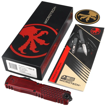 Nóż automatyczny OTF Microtech Ultratech Gen IV T/E Red Abrasion Half Tri-Grip Aluminium, Red Abrasion M390MK by Tony Marfione (11234HT-1RDAA)