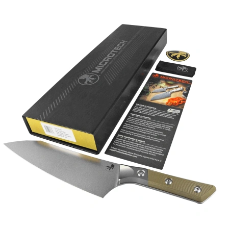 Microtech Chef 8'' Kitchen Knife OD Green G10/Titanium Bolster, Stonewashed M390MK (3000B-10 OD)