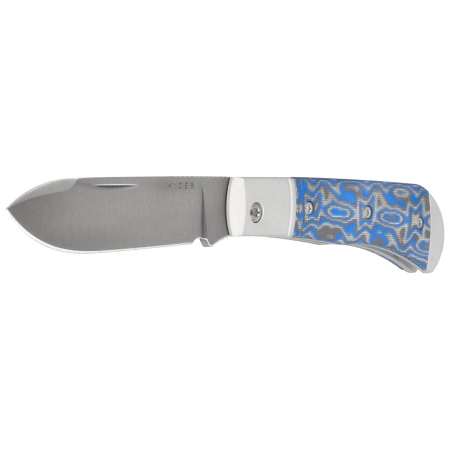 Kizer Trestle D Knife Grey Aluminum / Blue Vortex Micarta, Satin Nitro-V by Azo (V3760A2)