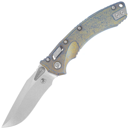 Nóż składany Microtech Amphibian Mini Ram-Lok S/E Marfione Select Galactic Gold Slab Side Titanium, Blue Bksp, Stonewashed M390MK by Tony Marfione (137MRL-10MS15)