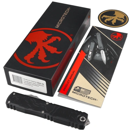 Nóż automatyczny OTF Microtech Ultratech Gen IV Spartan Black Topographic Deep Engraved Aluminium, Stonewashed M390MK by Tony Marfione (12234TP-10)
