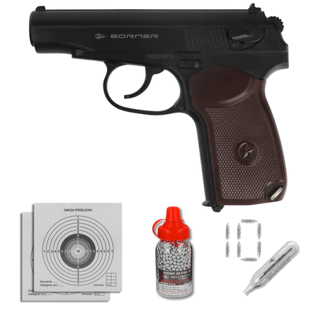 Airgun set 42: Borner Makarov PM N1 4.5 mm CO2 Air Pistol, 1500 BBs, 10 CO₂ cartridges, 100 targets