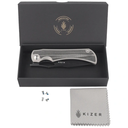 Kizer Allure Knife Silver Titanium / Black Norplex UltreX Micarta, Black Stonewashed S45VN by Johan Jordaan (Ki4763LDA2)