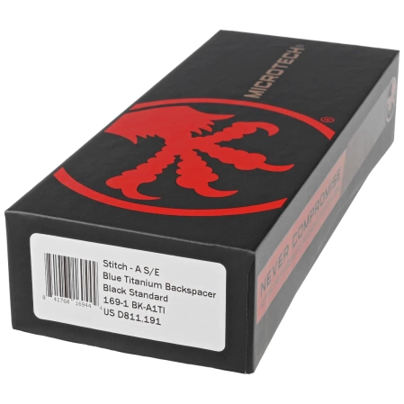 Microtech Stitch-A S/E Automatic Knife Black Aluminum, Blue Ti HW, Black M390 by Borka Blades and Tony Marfione (169-1BK-A1TI)