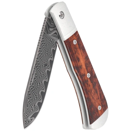 Kizer Trestle D Knife Grey Aluminum / Leopardwood, Acid Washed Damascus by Azo (V3760A3)