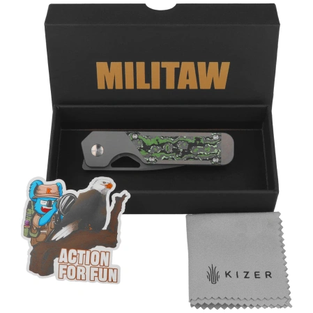 Kizer Mini Militaw Knife Gray Titanium / Jungle Wear Fat Carbon, Dark Stonewashed S45VN by Jonathan Styles (Ki3634SA2)