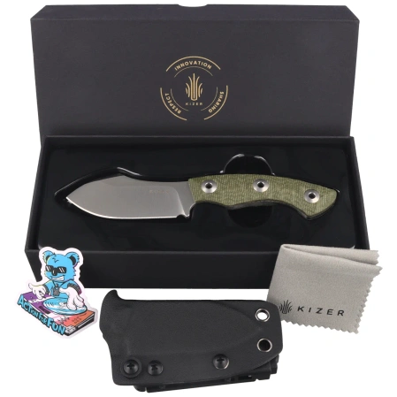Kizer Rook Knife Green Micarta, Satin AEB-L by Vincent Rizzo (1090A4)