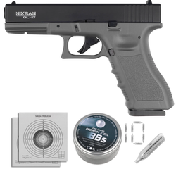 Zestaw wiatrówkowy 67: Pistolet Niksan Defence NKS GL17 Grey Blow Back 4.5 mm, 1400 BBs, 10 kapsuł CO₂, 100 tarcz