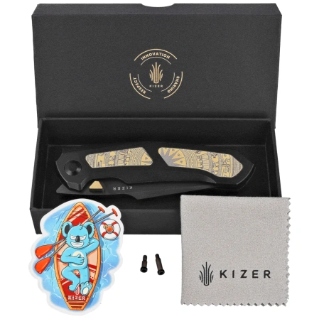 Kizer Feweed XL Knife Black Titanium / Gold Aluminum, Matte DLC Ultra S90V by Vu Huynh Nam Anh (Ki4694A1)