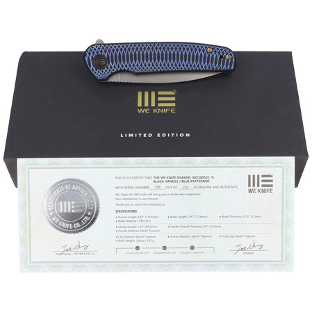 Nóż składany WE Knife Shakan LE No 198/310 Blue Satin Polished Patterned Titanium, Silver Bead Blasted CPM 20CV (WE20052C-1)