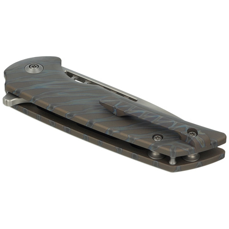 WE Knife Mini Malice Tiger Stripe Pattern Flamed Titanium, Silver Bead Blasted CPM 20CV by Ferrum Forge Knife Works (WE054BL-6)