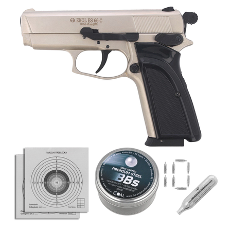 Airgun set 07: Voltran Ekol ES 66C Satin 4.5 mm Pistol, 1400 BBs, 10 CO₂ cartridges, 100 targets