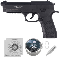 Airgun set 23: Voltran Ekol ES P92 Matte Black 4.5 mm Pistol, 1400 BBs, 10 CO₂ cartridges, 100 targets