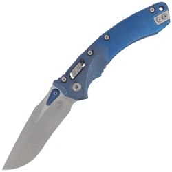 Microtech Amphibian Ram-Lok S/E Marfione Select Knife Blue Anodized Slab Side Titanium, Blue HW, Apocalyptic M390MK by Tony Marfione (137RL-10APMS2)