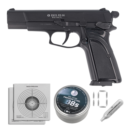 Airgun set 02: Voltran Ekol ES 66 Matte Black 4.5 mm Pistol, 1400 BBs, 10 CO₂ cartridges, 100 targets
