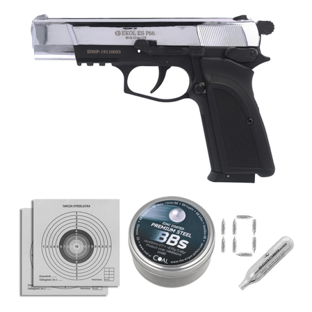 Zestaw wiatrówkowy 14: pistolet Voltran Ekol ES P66 Shiny 4.5 mm, 1400 BBs, 10 kapsuł CO₂, 100 tarcz