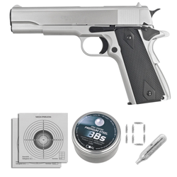 Zestaw pistolet wiatrówka Voltran Ekol ES 1911 Satin 4.5 mm - Blow Back, 1400 BBs, 10 kapsuł, tarcze