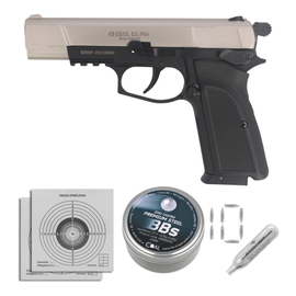 Airgun set 13: Voltran Ekol ES P66 Satin 4.5 mm Pistol, 1400 BBs, 10 CO₂ cartridges, 100 targets