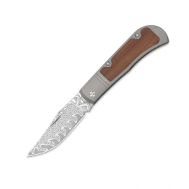 Kizer Trestle Knife Gray Titanium/Mkuruti Wood, Damascus by Azo (V3761A2)