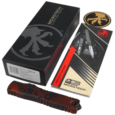 Microtech Ultratech Gen IV D/E Signature OTF Knife Topographic Black-Orange Camo Smooth Aluminum, Topographic Black-Orange Camo M390MK by Tony Marfione (11224-1TPBKORCS)